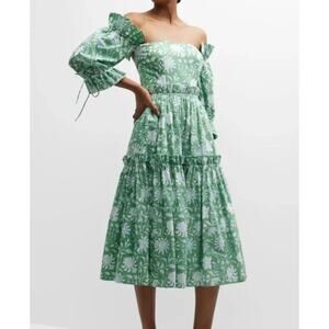 NWT EDDY Olivia Ruffle-Trim Floral Midi Dress in Green & White Size XL X-Large